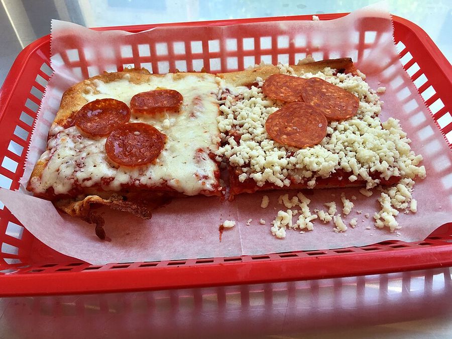 Ohio Valley square pizza with cold shredded provolone on top